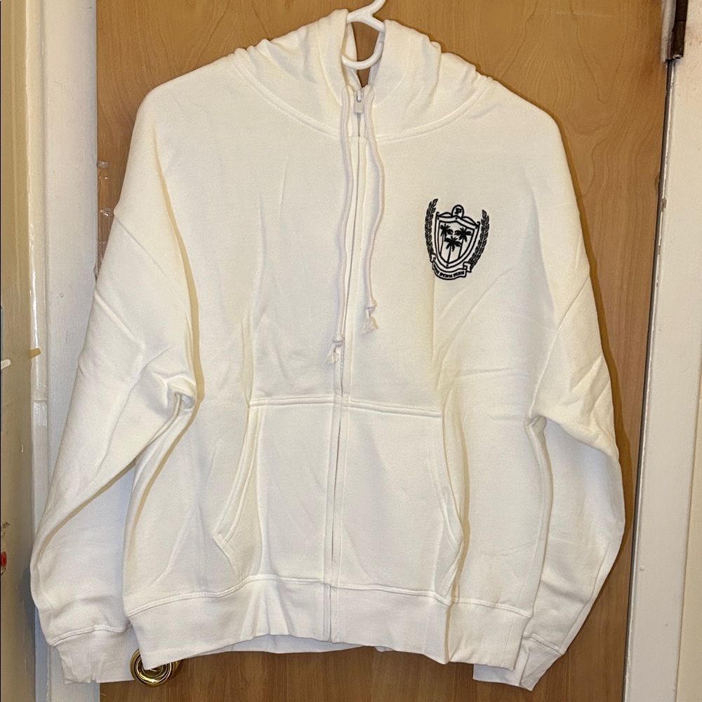 PINK Victoria's Secret White Zip-Up Hoodie with Embroidered Logo